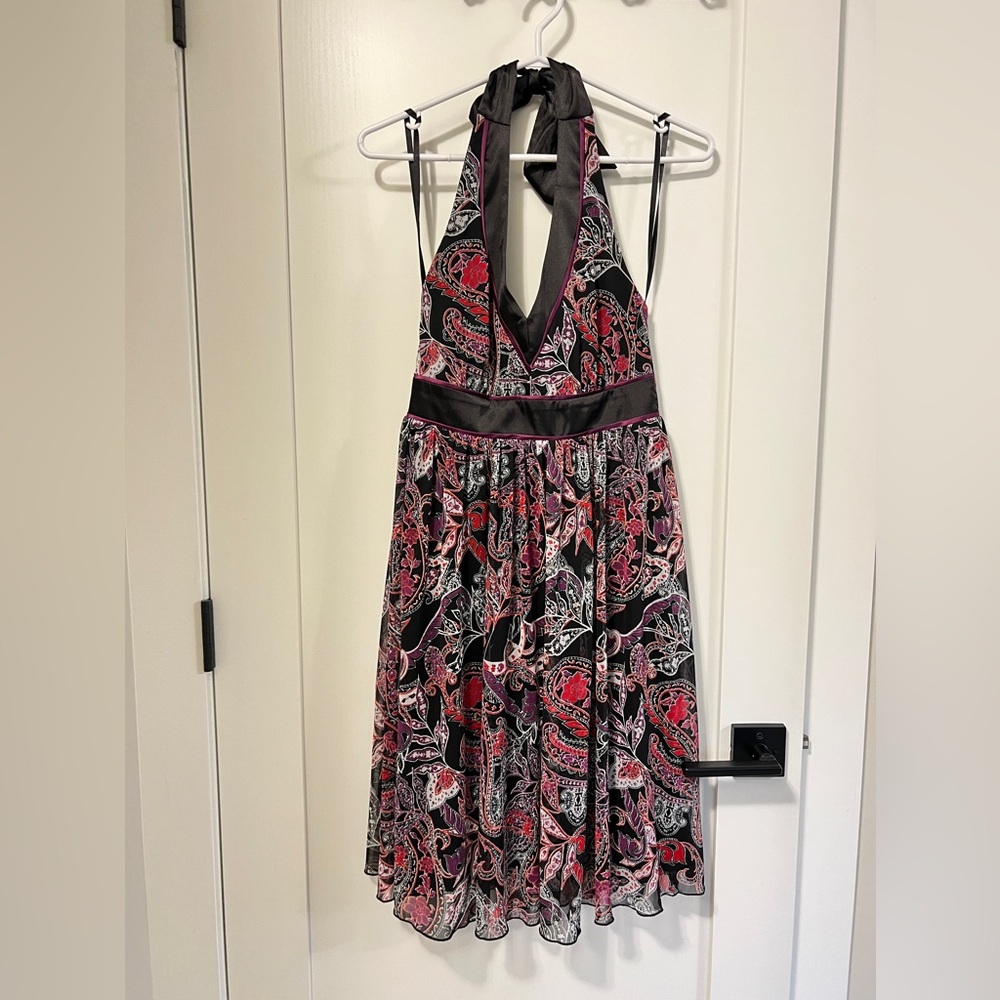 Le Chateau Backless Halter Dress - Black, Purple, Red, White Paisley